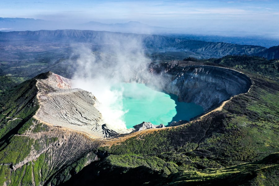 Kawah Ijen Volcano Mount Ijen Crater Lake Blue Fire Banyuwangi Indonesia Drone