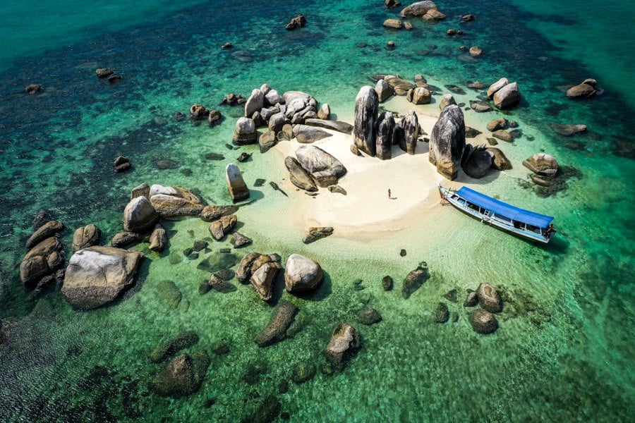 Drone pic of Batu Berlayar island in Belitung Indonesia