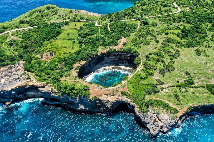 Drone view of Broken Beach in Nusa Penida, Bali